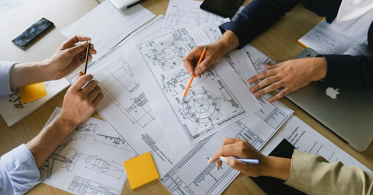 Équipe d'ingénierie engagée dans une réunion collaborative, examinant des plans techniques dans un environnement de bureau.