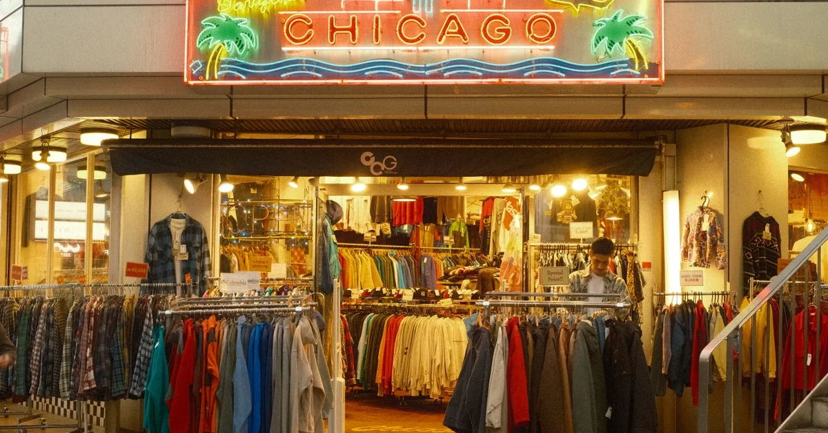 Boutique de vêtements vintage « Chicago » illuminée au néon, dans une rue animée de Tokyo la nuit.